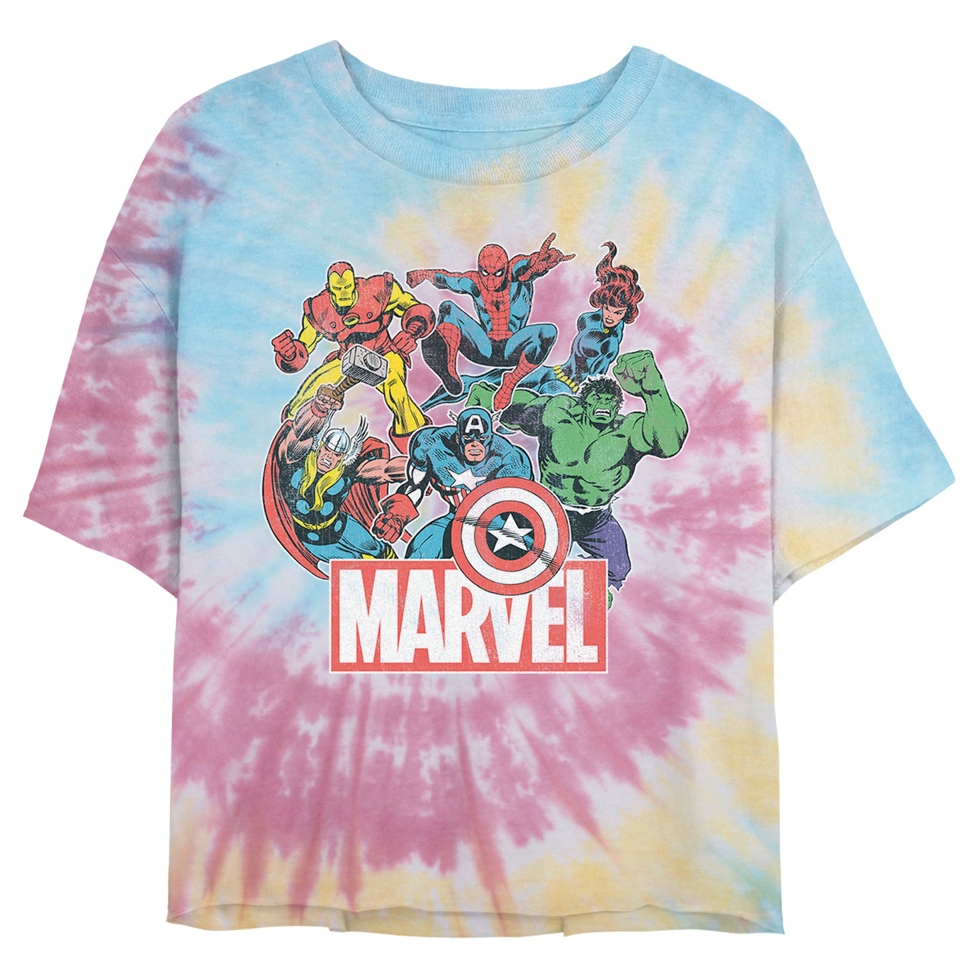 Junior's Marvel Heroes of Today Tie-Dye Swirl T-Shirt